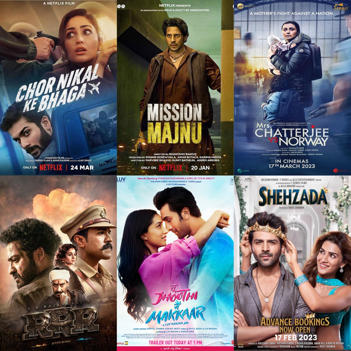 Most watched Indian movie on Netflix (January - June 2023) ✅
⭐#ChorNikalKeBhaga 41.7 M 
⭐ #MissionMajnu 31.2 M
⭐ #MrsChatterjeevsNorway 29.6  M
⭐#RRRMovie 29.4 M
⭐#TJMM 27.1 M 
⭐ #Shehzada 24.8 M

#SunnyKaushal #SidharthMalhotra
#NTR #RamCharan #KartikAaryan
#RanbirKapoor