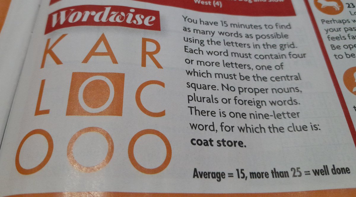 Today's word puzzle, from @WomansOwn 
Make a nine-letter word, using the clue: coat store.
If you can do it in under 15 minutes, give yourself a prize!