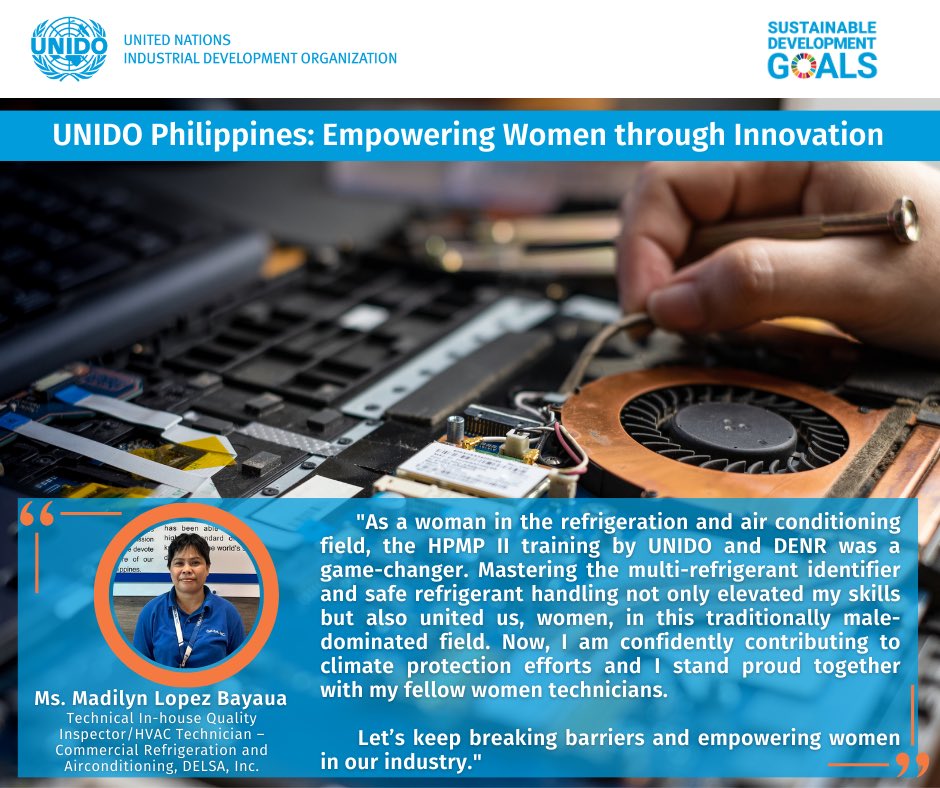 Empowering women in industry settings is crucial in advancing #innovation #circularity & #jobcreation in the 🇵🇭.  In 2023, @UNIDO projects delivered positive impact to women in mostly male-dominated sectors.  We aim for a world where women & men both thrive. #ProgressByInnovation