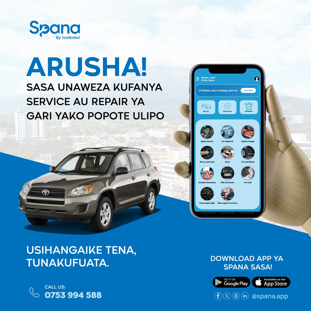 Arusha! Sasa unaweza fanya service popote ulipo. Huna muda wa kwenda gereji? Usiwaze tena tunakufuata. 

Including pick up and drop off.

Download Spana App leo ufurahie huduma hii. 

#SpanaApp
#GerejiKiganjani
#SpanaWabobezi
#PigaSpana