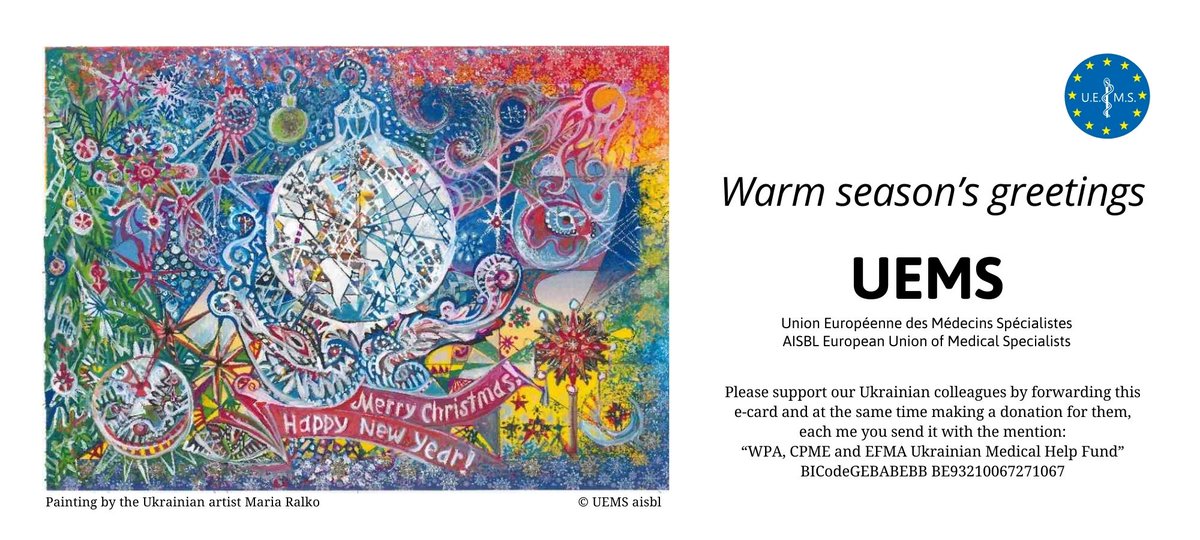 🎊Warm Greetings from @UEMSEurope to all!! 🎊 We would like to support #ukraine and Ukrainian #doctors with our end of year wishes Support them with us 💪🙏 ⏭️ Contribute to the fund in support of 🇺🇦 and feel free to use our e-card Info ▶️bit.ly/3NowoLp