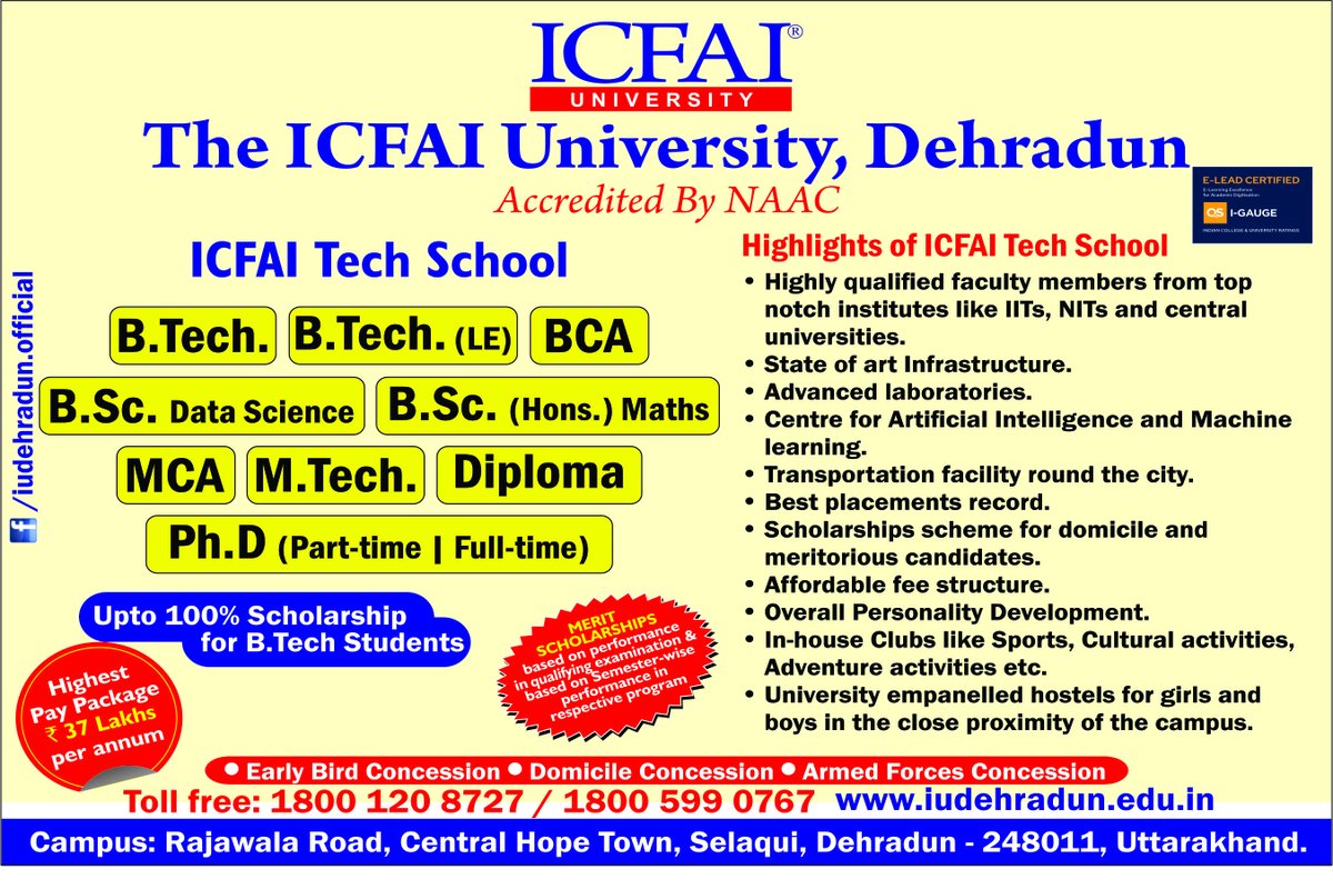 Admissions 2024 opens for various UG, PG and Diploma programs in ICFAI Tech School, Dehradun

Apply at : iudehradun.edu.in/admissions/202…

Toll Free : 1800 120 8727 

 #btech #BCA #bscdatascience #bschonsmathematics #MCA #MTech #Diploma #PhD #AdmissionsOpen #admissions2024