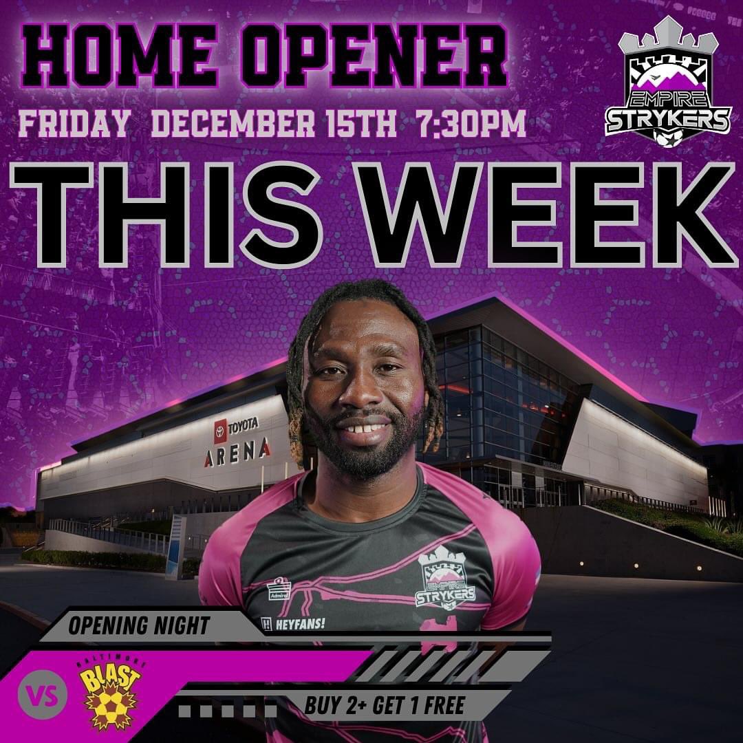DotbFilly's tweet photo. Pro Indoor Soccer in The Inland Empire is Back! This Friday Night @ 735PM @Empire_Strykers take on @BaltimoreBlast for our Home Openerπ₯ Get your tickets now, buy 2 get 1 free, and help us #DefendTheEmpire
#ProIndoorSoccer #ToyotaArena #MASL
Link 4 Tix: https://t.co/RLaOcksqIT https://t.co/2gGYJ7Tvzm