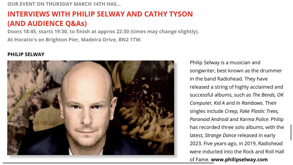 🟡 Interviews with @philipselway and Cathy Tyson (and audience Q&As) #Date of Event: March 14th #Time: Doors 18:45, starts 19:30, to finish at approx 22:30 (times may change slightly). #Place: Horatio's on Brighton Pier, Madeira Drive, BN2 1TW