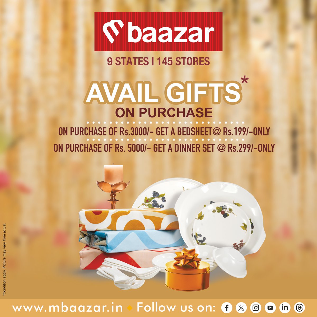 The best thing about getting married is shopping, and we are ready to make your shaadi shopping a little more exciting and rewarding.

*T&C applied
#mbaazar #thefashionstore #shoppingatmbaazar #comfortableclothing #weddingseasonsale #shoppingdelights #gifts #giftsonpu