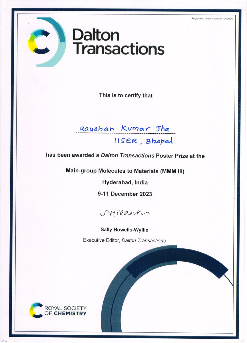 Congratulation to @raushanjha2012 for getting the RSC Dalton Transactions Poster Prize at 3rd International Conference on Main-Group Molecules to Material (MMM-III) held jointly at @IITHyderabad and @HydUniv. Wishing for more such endeavors in future.