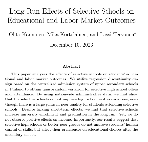 Uusi tutkimuksemme (VATT wp) eliittilukioiden vaikutuksista oppimistuloksiin sekä pitkän aikavälin tulo- ja koulutustasoon: vatt.fi/-/tutkimus-eli… 
#koulutus #lukio #vaikuttavuus #RDD #koeasetelma
<a href="/vatt_tutkimus/">VATT</a> <a href="/Labore_tutkimus/">Työn ja talouden tutkimus LABORE</a> <a href="/AaltoUniversity/">Aalto University</a>  <a href="/UniTurku/">Turun yliopisto - University of Turku</a>