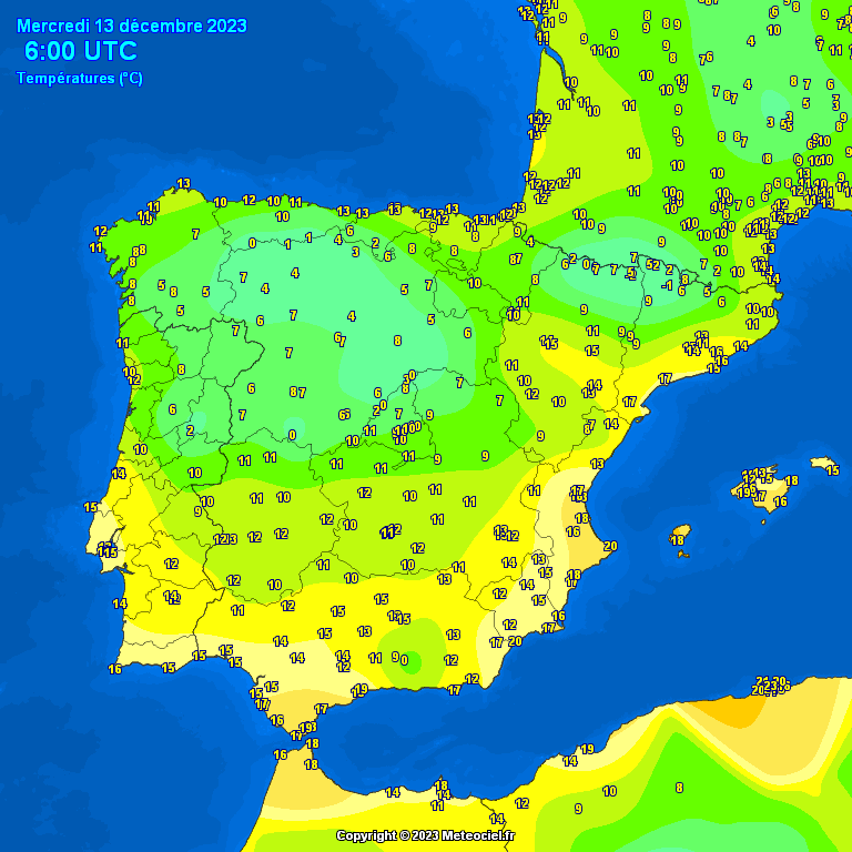 #Iberia temps at 7am, 13/12 - a cold start for some to the N of the cold front with coldest Pajares 1C and Reinosa & Tavescan 2C, while an extremely warm night to its S/ E and where foehn/ Terral winds, with warmest Algeciras & Malaga Port 19C but Águilas & Javea at 20C!