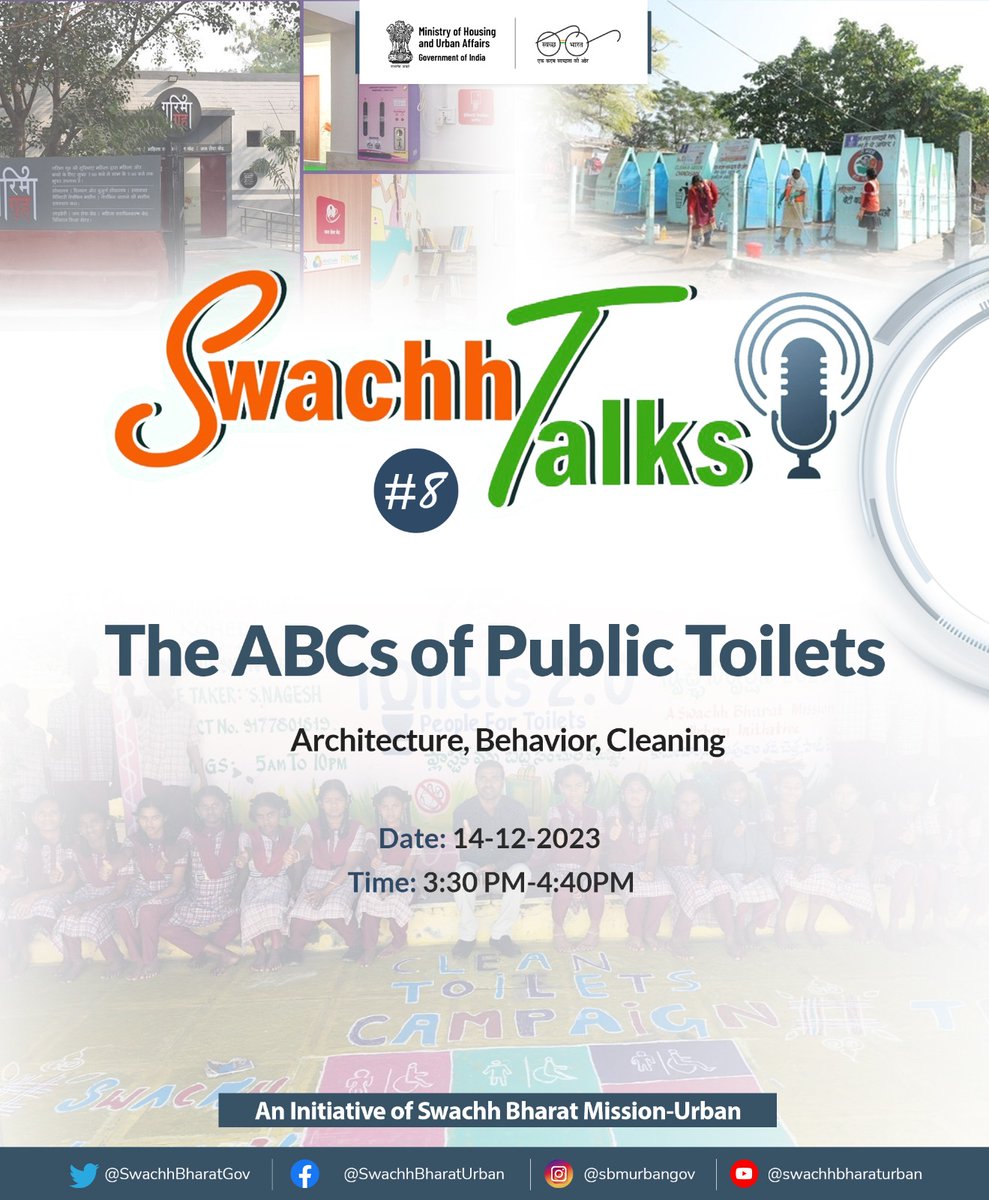 Join us for the 8th #SwachhTalks as we delve into the 'ABCs of Toilets - Architecture, Behavior, Cleaning' Save the date: 14th December 2023, Time: 3:30-4:40 PM. Tune in for this insightful event -youtube.com/live/F0BxvXLVI…. Let's elevate the conversation on sanitation together.