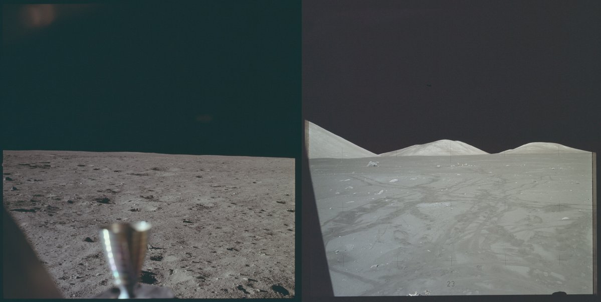 The first (Apollo 11, 1969) and the last (Apollo 17, 1972) photos captured by humans from the surface of the Moon. 

The last was taken exactly 51 years ago #Today. The last time a human eye saw the Moon from its surface.