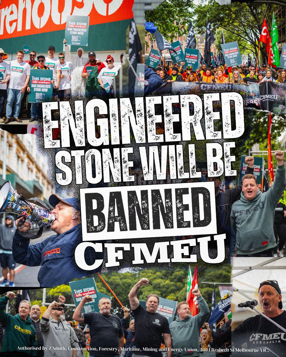 We did it!
Federal, state and territory WHS Ministers just voted to ban engineered stone from 1 July 2024.
This has happened because our union turned out. We set a date to ban it on our sites, rallied, and campaigned to the public outside big retail stores. #StopThisKillerStone