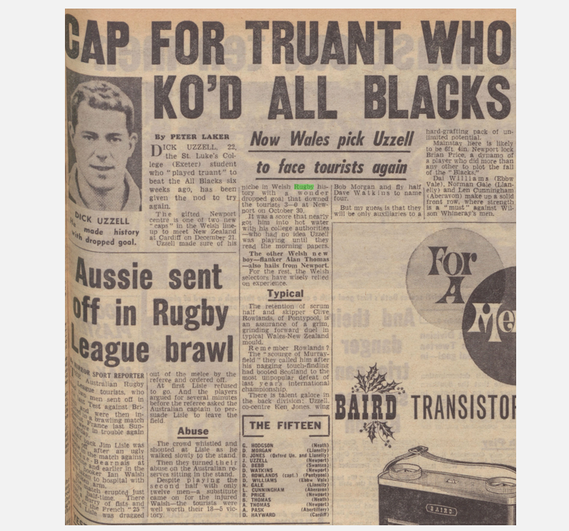 ⚫🔶@NewportRFC players get deserved reward for their victory over All Blacks 60 yrs ago as 'truant' Dick Uzzell is capped. Alan Thomas also picked and Brian Price picked, a 'dynamo' of a player who did more than other to plot downfall of All Blacks. 
#COTP #YmlaenCasnewydd