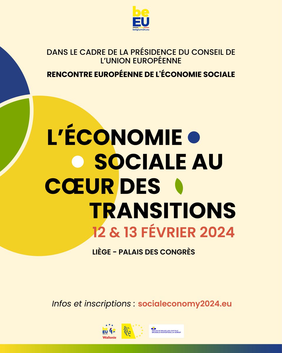 📢 Rencontre Européenne de l'Économie Sociale. Les 12 & 13 février 2024, à Liège 🇧🇪, plongez au cœur des transitions verte, inclusive et numérique. Un évènement entièrement dédié à l’#economiesociale, ouvert à tous·tes. Programme & inscription socialeconomy2024.eu #EU2024BE