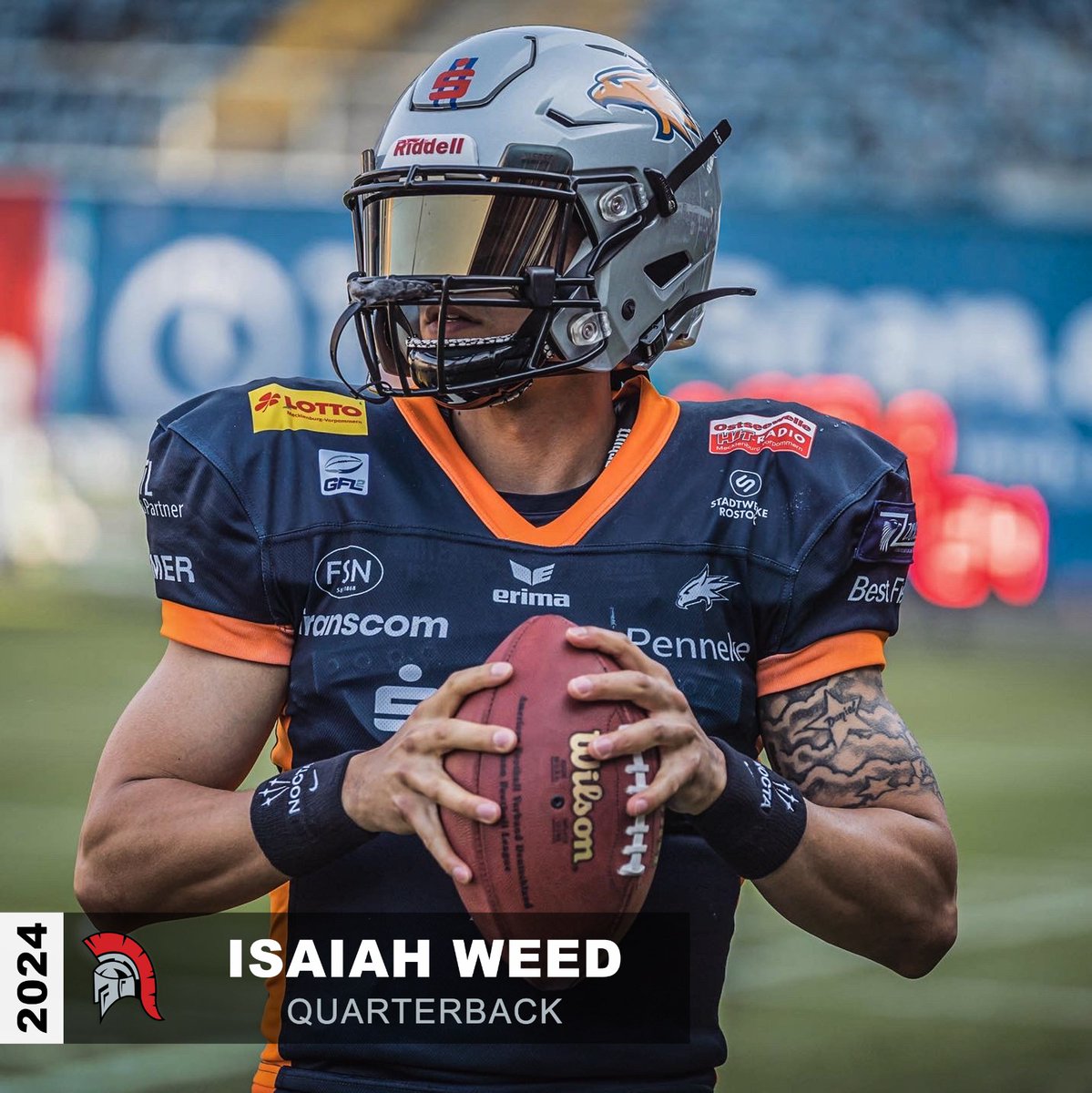 Isaiah Weed wird der Quarterback der Centurions in den Saison 2024! 🚀 HC Gregg Brandon: 'Isaiah has all the tools we look for in a QB. Smart- accurate and mobile. Great leadership skills. Looking forward to working with him.'