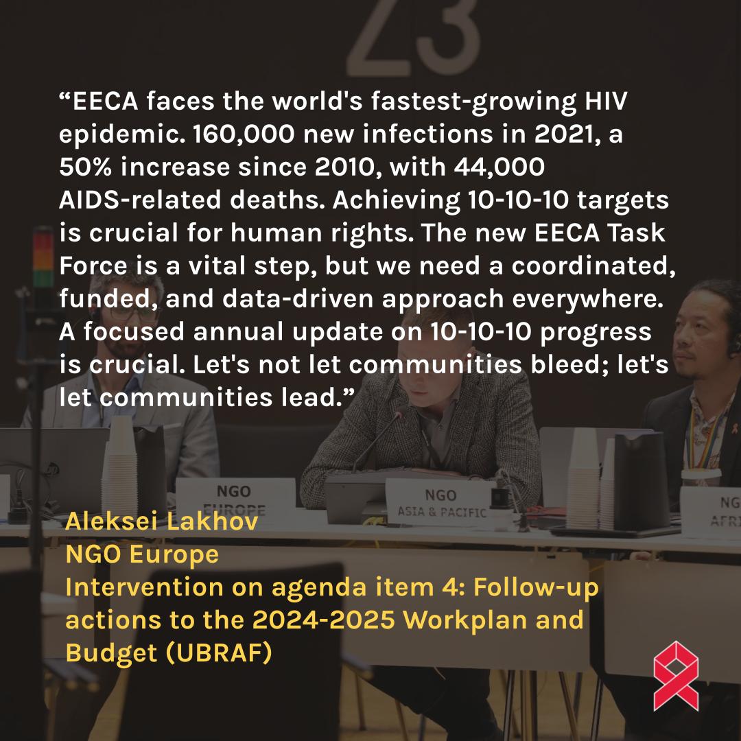 Statement delivered by Aleksei Lakhov, NGO Europe, on agenda item 4: Follow-up actions to the 2024-2025 Workplan and Budget (UBRAF) #LetCommunitiesLead #HIVresponse unaidspcbngo.org/pcb-meeting/53…