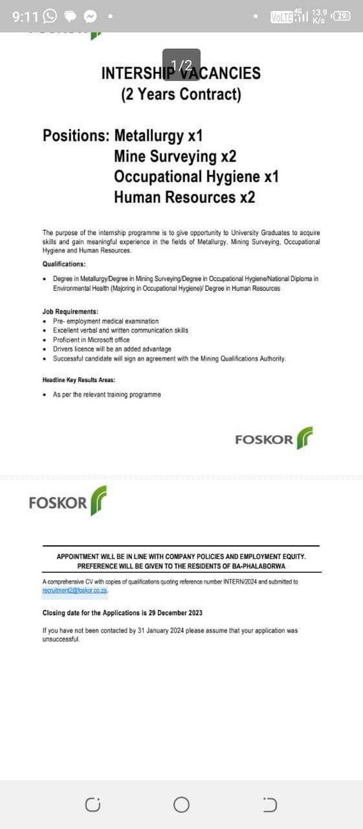 Internship

Metallurgy x1
Mine Surveying x2
Occupational Hygiene x1
Human Resources x2

Email your CV and qualifications to recruitment2@foskor.co.za with reference INTERN2024