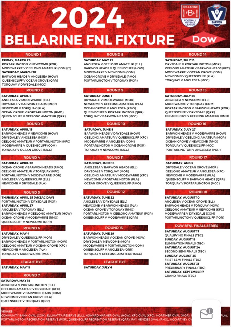 K rock Football (@krockfootball) on Twitter photo 📆 FIXTURE RELEASED 📆
All 90 BFNL games right here!
<a href="/AFLBarwon/">AFL Barwon</a> <a href="/AngleseaFNC/">Anglesea Football Netball Club</a> <a href="/BHFNCSeagulls/">Barwon Heads FNC</a> @drysdalefc <a href="/GeelongAmmos/">Geelong Ammos</a> <a href="/NewcombPower/">Newcomb Power</a> <a href="/OceanGroveFNC/">Ocean Grove FNC</a> <a href="/PortDemonsFNC/">Portarlington Demons FNC</a> <a href="/QFNC/">Queenscliff Coutas</a> <a href="/torquaytigers/">Torquay FC</a> 📆 FIXTURE RELEASED 📆
All 90 BFNL games right here!
<a href="/AFLBarwon/">AFL Barwon</a> <a href="/AngleseaFNC/">Anglesea Football Netball Club</a> <a href="/BHFNCSeagulls/">Barwon Heads FNC</a> @drysdalefc <a href="/GeelongAmmos/">Geelong Ammos</a> <a href="/NewcombPower/">Newcomb Power</a> <a href="/OceanGroveFNC/">Ocean Grove FNC</a> <a href="/PortDemonsFNC/">Portarlington Demons FNC</a> <a href="/QFNC/">Queenscliff Coutas</a> <a href="/torquaytigers/">Torquay FC</a>