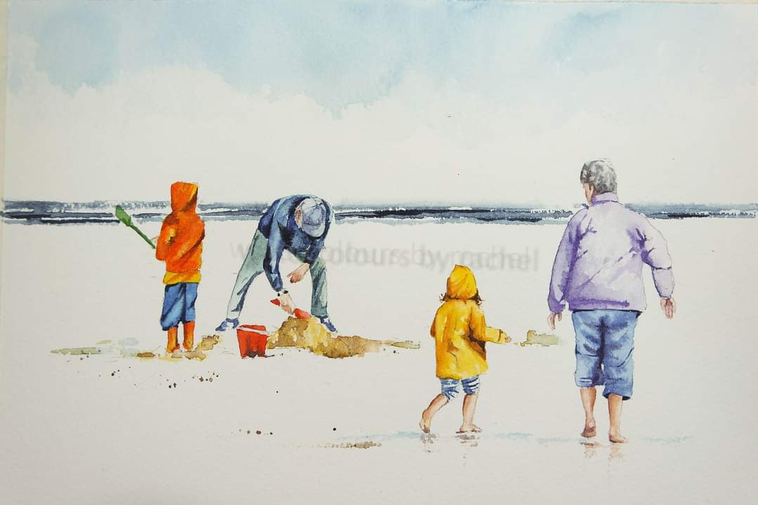 Watercoloursbyrachel Advent Calendar December 13th A day at the beach “I will honour Christmas in my heart, and try to keep it all the year. #watercolour #ChristmasCountdown #beachday #family #KindnessMatters #inspiration #fun #Devon #artist #sky #painting #art #artist #sea