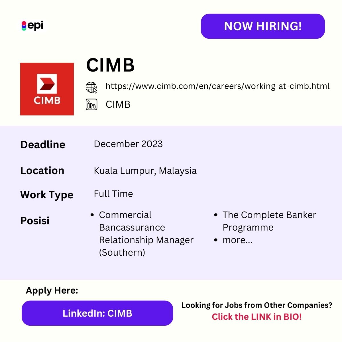 epicareer's tweet photo. Full Time Job and Internship Opportunities at CIMB!

Apply here: https://t.co/gdqDoiUPq6

Deadline: Dec 2023

Looking for another job? Click LINK on our BIO.

#jobvacancies #malaysia https://t.co/41UWyuWTFJ