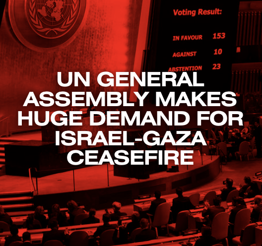 TAG24_NEWS's tweet photo. The #UN General Assembly has passed a resolution calling for an immediate humanitarian #ceasefire in the #Gaza Strip amid the ongoing Israel-Gaza war.

The paper introduced by Egypt achieved the necessary two-thirds majority in New York on Tuesday. 153 countries voted in favor, 10 against, including the United States and Israel, while 23 abstained. https://t.co/QzbfsyhXXD