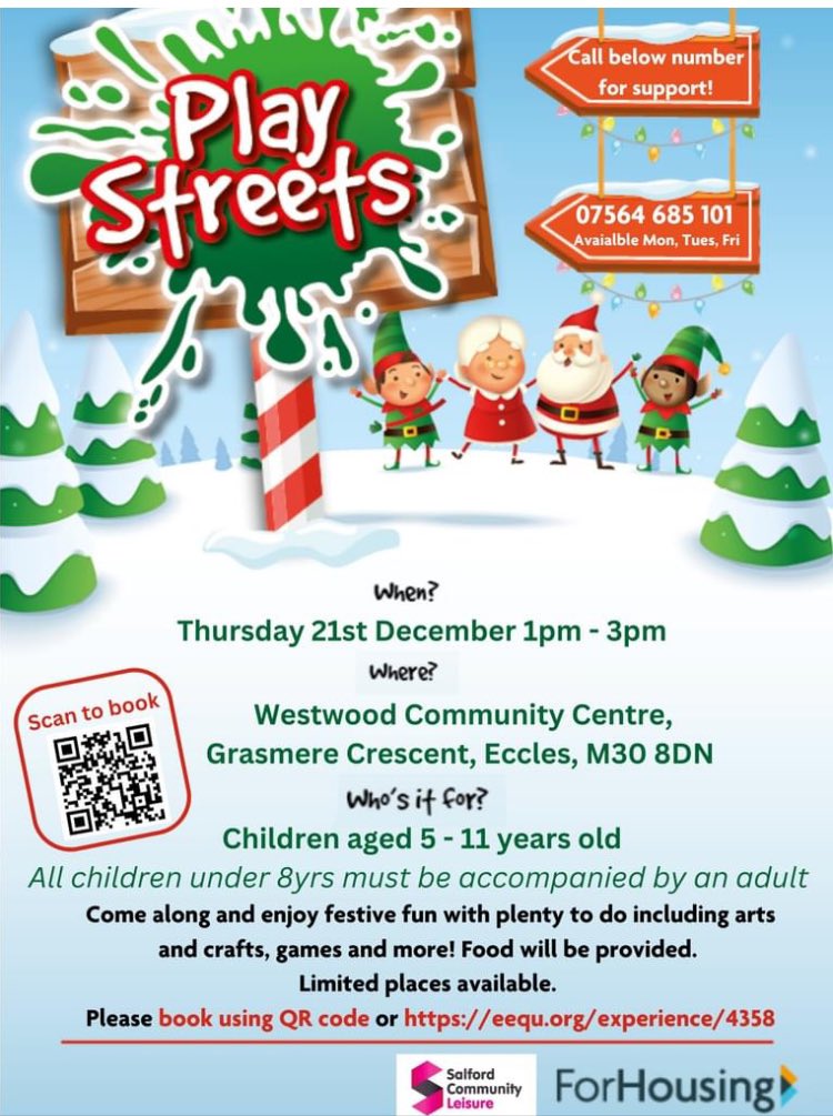 Natalie ForHousing Eccles (@muresannatalie) on Twitter photo There are still a few places left for the Christmas party at Westwood Community Centre. Please see below for booking- Play Streets is FREE and includes a free packed lunch for all children that attend. In partnership with <a href="/SalfordLeisure/">Salford Community Leisure (SCL)</a> <a href="/RForHousing/">Rebecca ForHousing</a> There are still a few places left for the Christmas party at Westwood Community Centre. Please see below for booking- Play Streets is FREE and includes a free packed lunch for all children that attend. In partnership with <a href="/SalfordLeisure/">Salford Community Leisure (SCL)</a> <a href="/RForHousing/">Rebecca ForHousing</a>