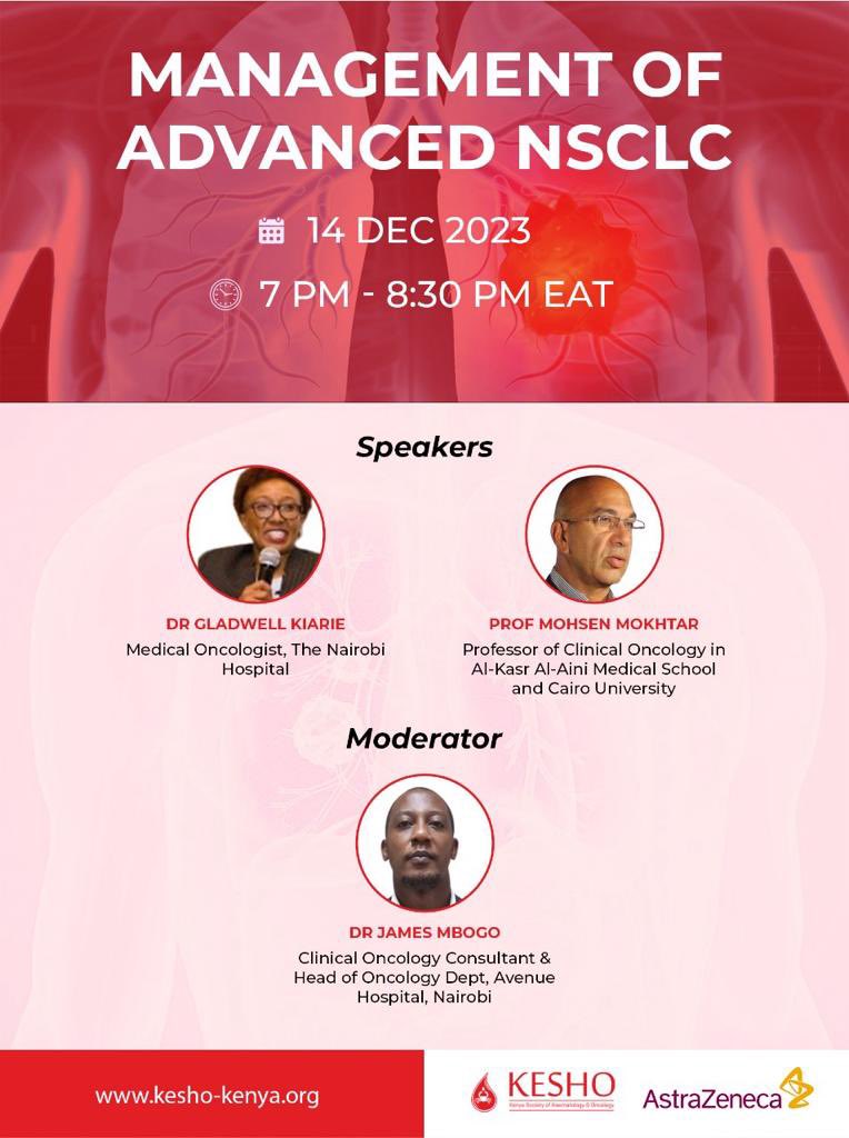 Join Dr Gladwell Kiarie and Prof Mohsen Mokhtar this Thursday 14th Dec from 7 pm EAT as they discuss The Managememt of Advanced NSCLC. Use the link below to register us02web.zoom.us/webinar/regist…