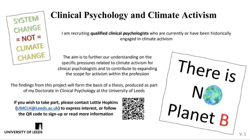 lottie hopkins (@slottieslotkins) on Twitter photo Looking for clinical psychologists who are or have been climate activists for research! If you think this fits for you and you'd be willing to be interviewed, please contact me on UMCLH@leeds.ac.uk Looking for clinical psychologists who are or have been climate activists for research! If you think this fits for you and you'd be willing to be interviewed, please contact me on UMCLH@leeds.ac.uk
