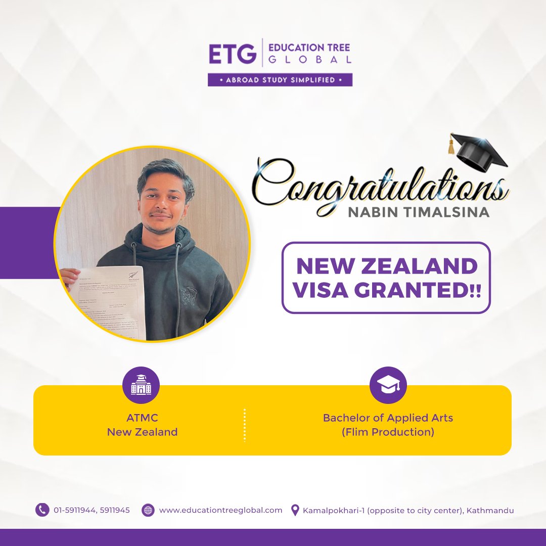 📢 We're thrilled to announce that Nabin Timalsina has secured his student visa to study in New Zealand. 📷 Course Applied: Bachelor of Applied Arts (Flim Production)   #educationtreeglobal #studyinnewzealand #studyabroad #visagrant