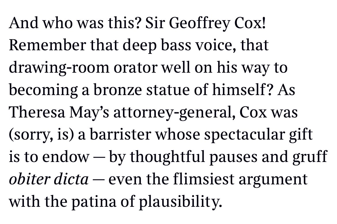 “And who was this? Sir Geoffrey Cox! Remember that deep bass voice, that drawing-room orator well on his way to becoming a bronze statue of himself?” — Matthew Parris, sharing this morning for the sheer Pope-like viciousness of the writing. 🐝