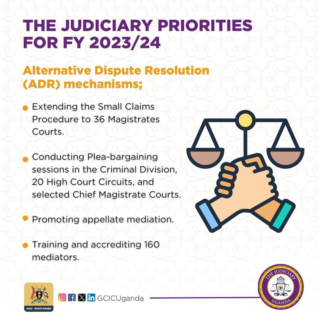 JUDICIARY PRIORITIES NEXT YEAR ➡️Extend Small Claims Procedure to 36 Magistrates Courts. ➡️Conduct Plea-bargaining in Criminal Division, 20 High Court Circuits, and selected Chief Magistrate Courts. ➡️Promote appellate mediation. ➡️Train and accredit 160 mediators #OpenGovUg