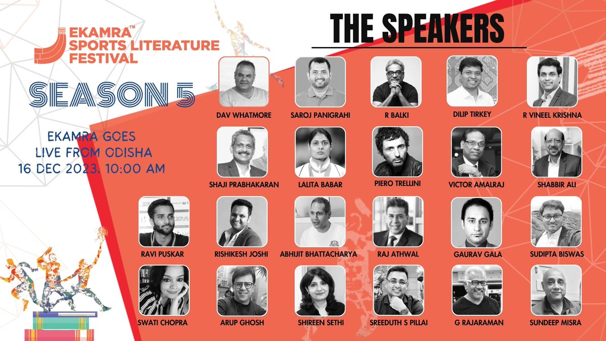 Ekamra Sports Literature Festival (@ekamrasportslit) on Twitter photo Meet the incredible speakers joining us for Ekamra Sports Lit Fest Season 5. #WhoWillYouHear #ESLF5
<a href="/dfwhatmore/">Dav Whatmore</a> <a href="/DilipTirkey/">Dilip Kumar Tirkey</a> <a href="/rvineel_krishna/">Vineel Krishna</a> <a href="/Shaji4Football/">Shaji Prabhakaran</a> <a href="/coachshabbir/">Shabbir Ali</a> <a href="/rishi3303/">Rishikesh Joshi</a> <a href="/g_rajaraman/">G Rajaraman</a> @SudptaBiswas <a href="/swatichopra1/">Swati Chopra</a> <a href="/MisraSundeep/">Sundeep Misra</a> <a href="/1RajAthwal/">Raj Athwal</a> <a href="/FCGoaOfficial/">FC Goa</a> <a href="/sports_odisha/">Odisha Sports</a> Meet the incredible speakers joining us for Ekamra Sports Lit Fest Season 5. #WhoWillYouHear #ESLF5
<a href="/dfwhatmore/">Dav Whatmore</a> <a href="/DilipTirkey/">Dilip Kumar Tirkey</a> <a href="/rvineel_krishna/">Vineel Krishna</a> <a href="/Shaji4Football/">Shaji Prabhakaran</a> <a href="/coachshabbir/">Shabbir Ali</a> <a href="/rishi3303/">Rishikesh Joshi</a> <a href="/g_rajaraman/">G Rajaraman</a> @SudptaBiswas <a href="/swatichopra1/">Swati Chopra</a> <a href="/MisraSundeep/">Sundeep Misra</a> <a href="/1RajAthwal/">Raj Athwal</a> <a href="/FCGoaOfficial/">FC Goa</a> <a href="/sports_odisha/">Odisha Sports</a>