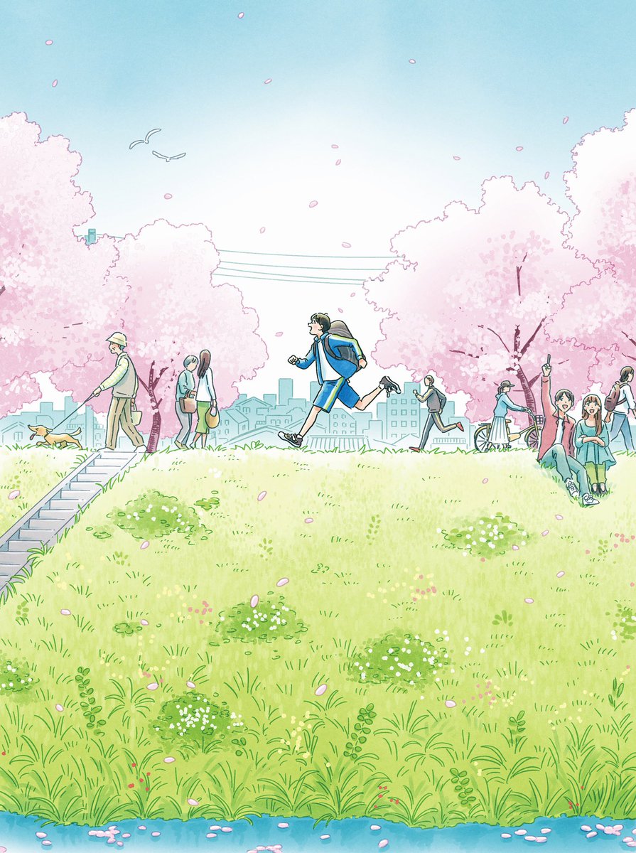 outdoors cherry blossoms running grass multiple girls tree multiple boys  illustration images