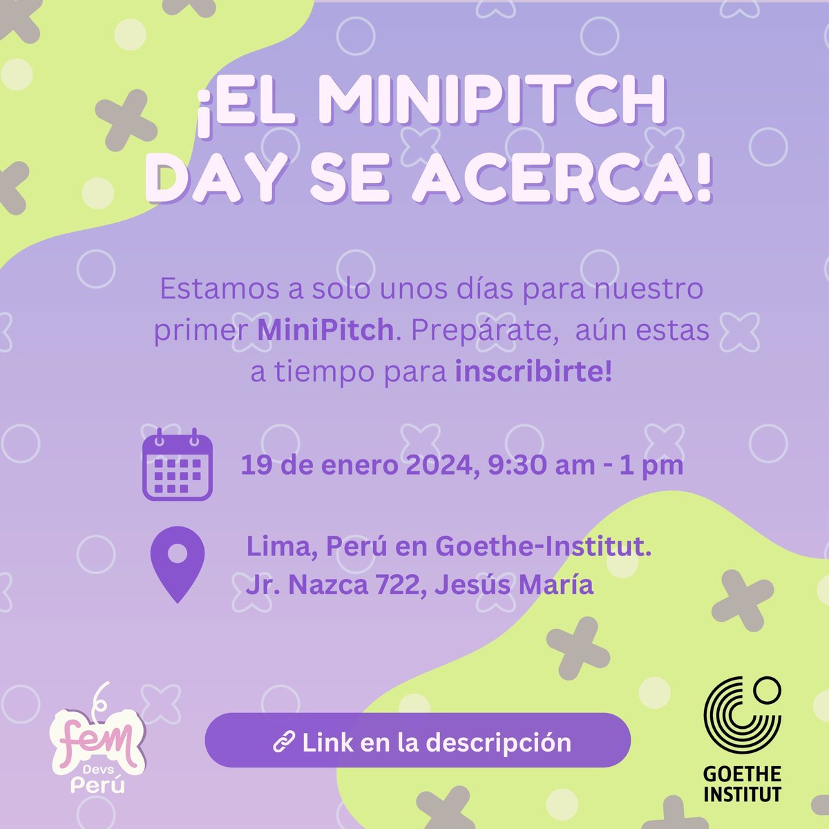 FemDevsPeru (@femdevsperu) on Twitter photo ¡Las inscripciones terminan el 5 de Enero del 2024!
No dejes de aprovechar la oportunidad de participar en el primer MiniPitch Day, un espacio en donde compartir su experiencia en videojuegos, proyectos o ideas.<3 
•  Llenar el siguiente form buff.ly/3T6MWeB ¡Las inscripciones terminan el 5 de Enero del 2024!
No dejes de aprovechar la oportunidad de participar en el primer MiniPitch Day, un espacio en donde compartir su experiencia en videojuegos, proyectos o ideas.<3 
•  Llenar el siguiente form buff.ly/3T6MWeB