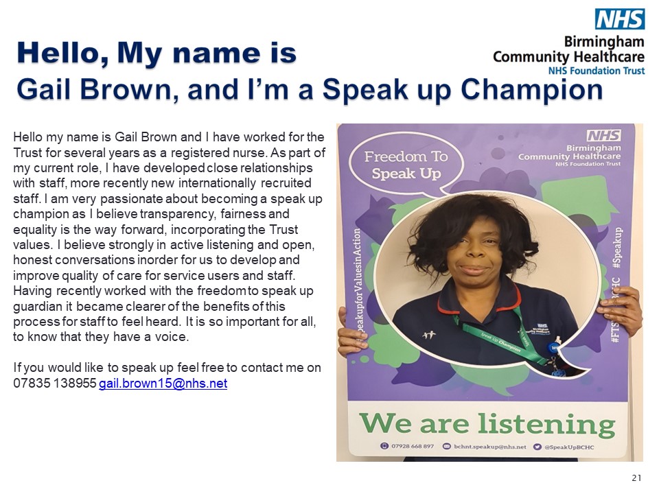 Gail Brown has joined the network of Speak up Champions. If you have concerns and need a safe confidential space to chat them through you can reach out to Gail or to our wider network of Speak up Champions. @FFeremusu @BCHCElaineSpkUp @trickymaid @AsrBchc