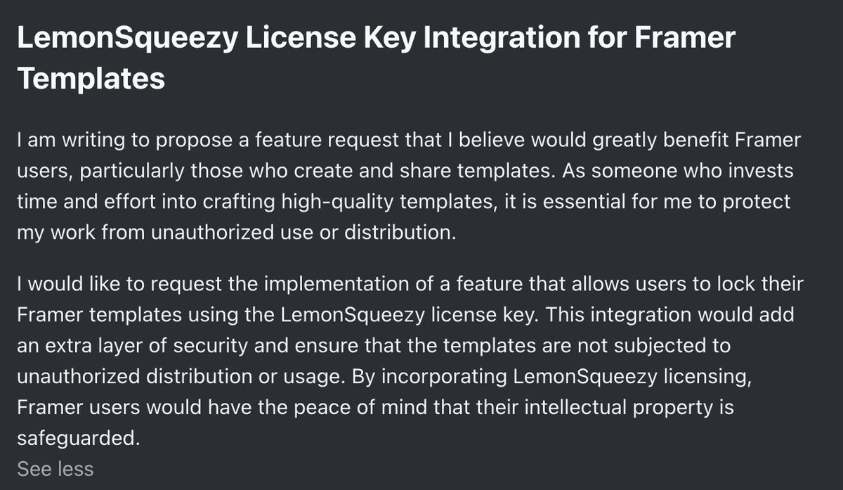itsmeahshan's tweet image. 🚀 Feature Proposal for @framer! 🎨 @lmsqueezy 🍋✨ Lock your templates for added security against unauthorized use or distribution. 🛡️ Protect your hard work! 🚫🔐 #Framer #FeatureRequest #LemonSqueezy 🚀