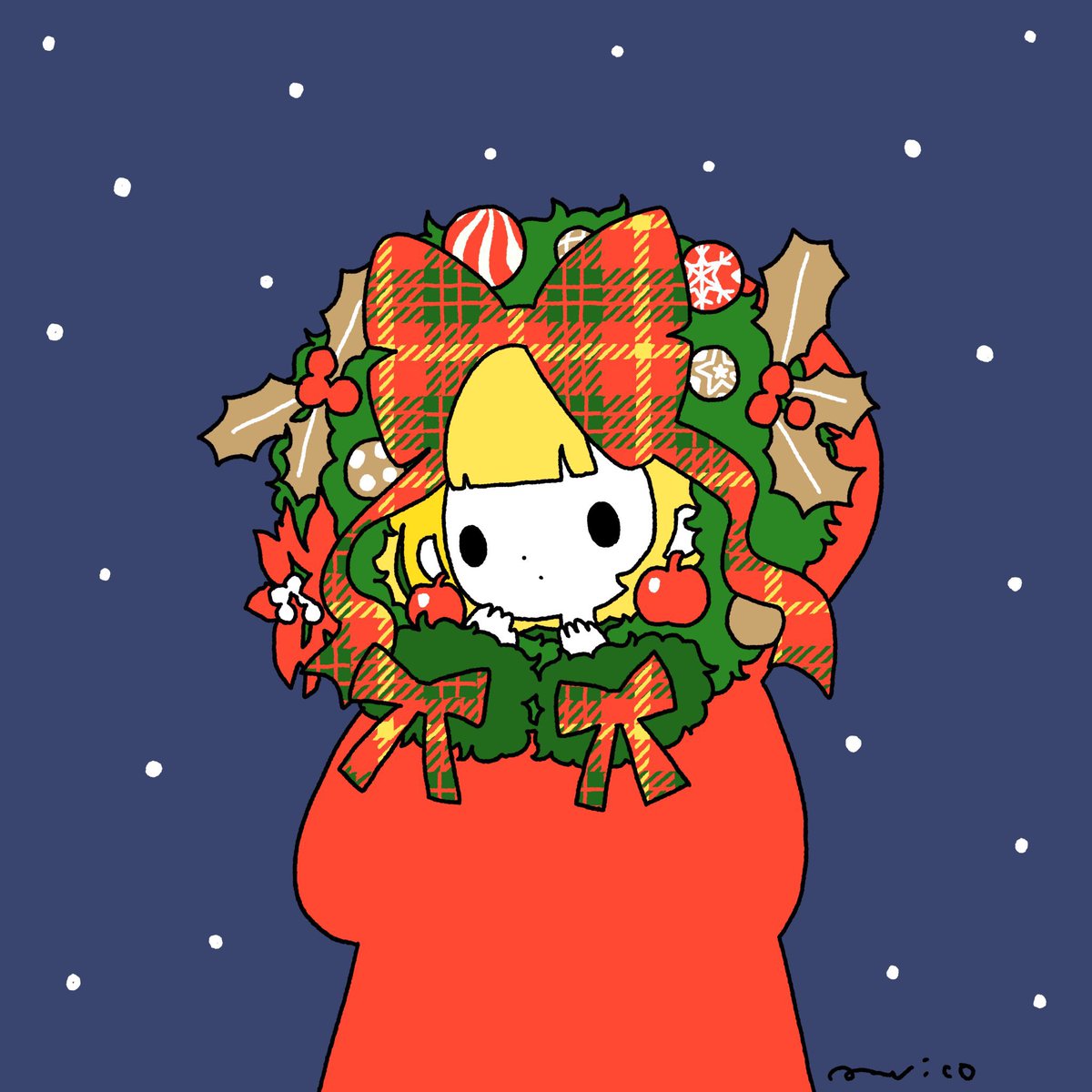 1girl solo blonde hair christmas bangs blunt bangs holly  illustration images