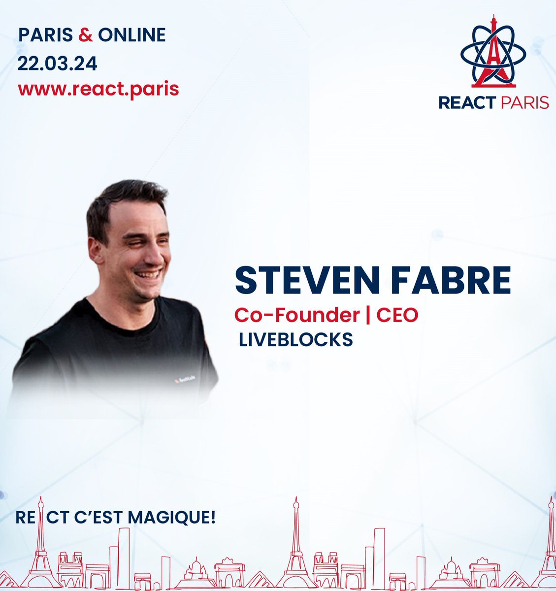 Meet & learn with @stevenfabre at React.Paris😉

Co-founder & CEO of @liveblocks, founder of @gifmock, Steven also ran Easee (a web animation tool for designers later acquired by InVision) and worked on #DesignSystems and #tooling at Messenger. 

#reactjs #ReactParis