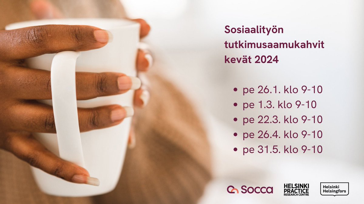 Sosiaalialan ammattilainen: Suositut sosiaalityön tutkimusaamukahvit jatkuvat kevätkaudella☕️

26.1. teemana on: Sosiaalityöntekijänä mukana vuorovaikutustaitojen tutkimuksessa: tutkimuspainotteinen uramallikokeilu Taitava-hankkeessa.

Lisätiedot: socca.fi/tapahtumat?e=3…