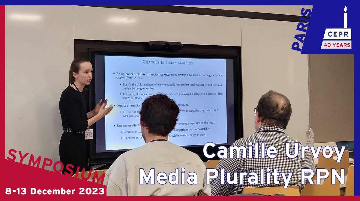 CEPR (@cepr_org) on Twitter photo The final day of the #CEPRParisSymposium2023 is underway, hosted by <a href="/sciencespo/">Sciences Po</a>!
<a href="/CamilleUrvoy/">Camille Urvoy</a> #Mannheim begins the #Media Plurality RPN sessions with a presentation on "Hosting Media Bias: Evidence from #French TV & #Radio shows, 2002-2020"
Chair 🗣️<a href="/CageJulia/">Julia Cage</a> <a href="/ScPoEcon/">ScPoEcon</a> The final day of the #CEPRParisSymposium2023 is underway, hosted by <a href="/sciencespo/">Sciences Po</a>!
<a href="/CamilleUrvoy/">Camille Urvoy</a> #Mannheim begins the #Media Plurality RPN sessions with a presentation on "Hosting Media Bias: Evidence from #French TV & #Radio shows, 2002-2020"
Chair 🗣️<a href="/CageJulia/">Julia Cage</a> <a href="/ScPoEcon/">ScPoEcon</a>