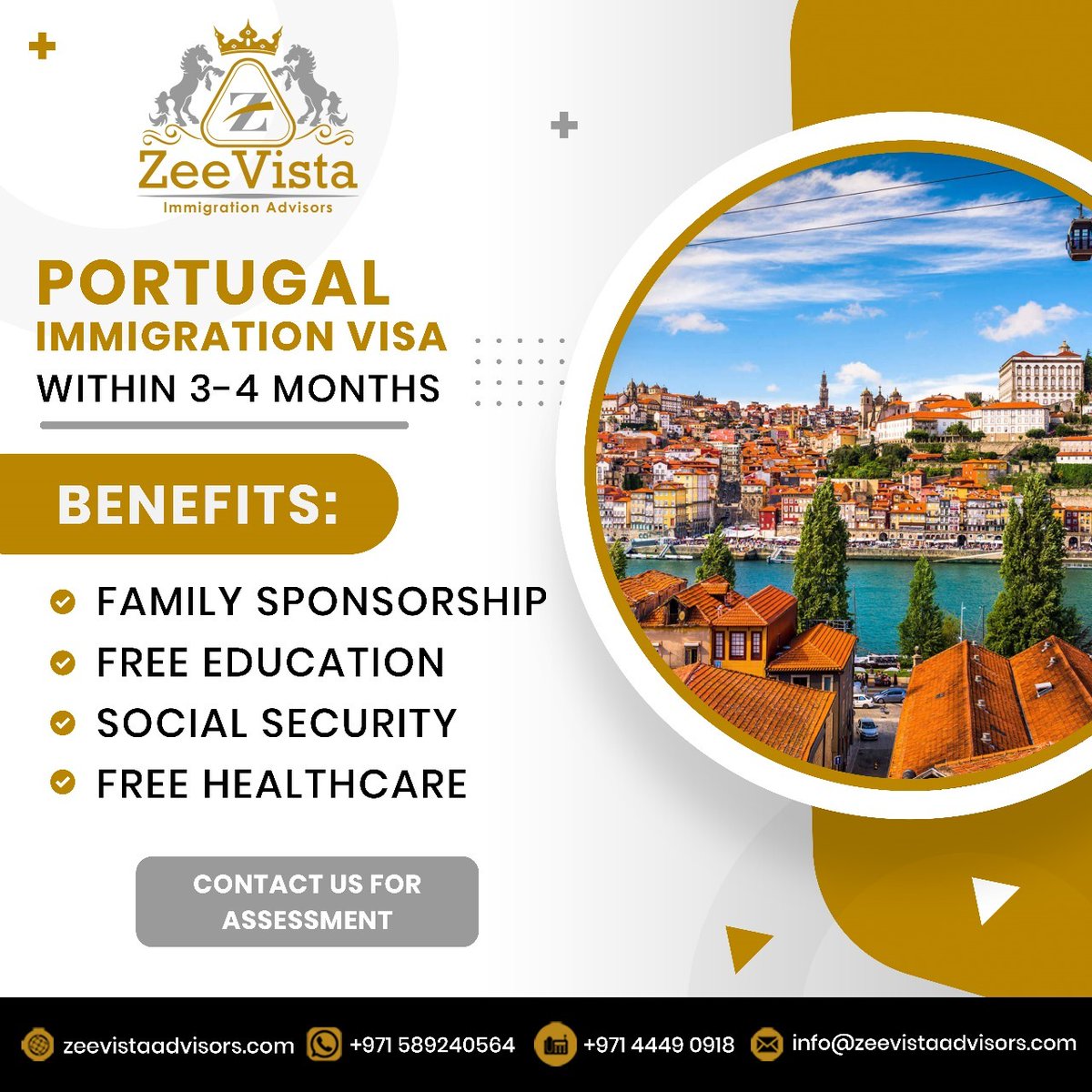 Navigate your residency options with ease:
📞 +971 589240564 | +971 4449 0918
✉ info@zeevistadvisors.com

🏰 #PortugalImmigration #ResidencyPrograms #BusinessVisa #PassiveIncomeVisa #DigitalNomadVisa #InvestInPortugal #EducationalOpportunity #HealthcareBenefits #TravelFreedom