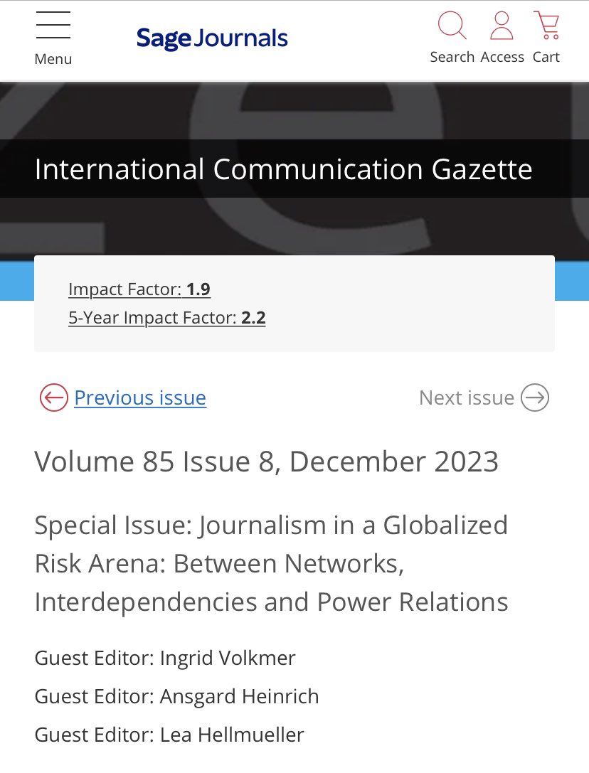 Ansgard Heinrich (@ansgardtweets) on Twitter photo Publication alert: our special issue on global risk journalism is out!
I had the pleasure to guest-edit this volume with Ingrid Volkmer and <a href="/leahellmueller/">lea hellmueller</a> after our ICA preconference at <a href="/UNESCO/">UNESCO 🏛️ #Education #Sciences #Culture 🇺🇳</a>. Available here: journals.sagepub.com/toc/gaz/85/8 Publication alert: our special issue on global risk journalism is out!
I had the pleasure to guest-edit this volume with Ingrid Volkmer and <a href="/leahellmueller/">lea hellmueller</a> after our ICA preconference at <a href="/UNESCO/">UNESCO 🏛️ #Education #Sciences #Culture 🇺🇳</a>. Available here: journals.sagepub.com/toc/gaz/85/8