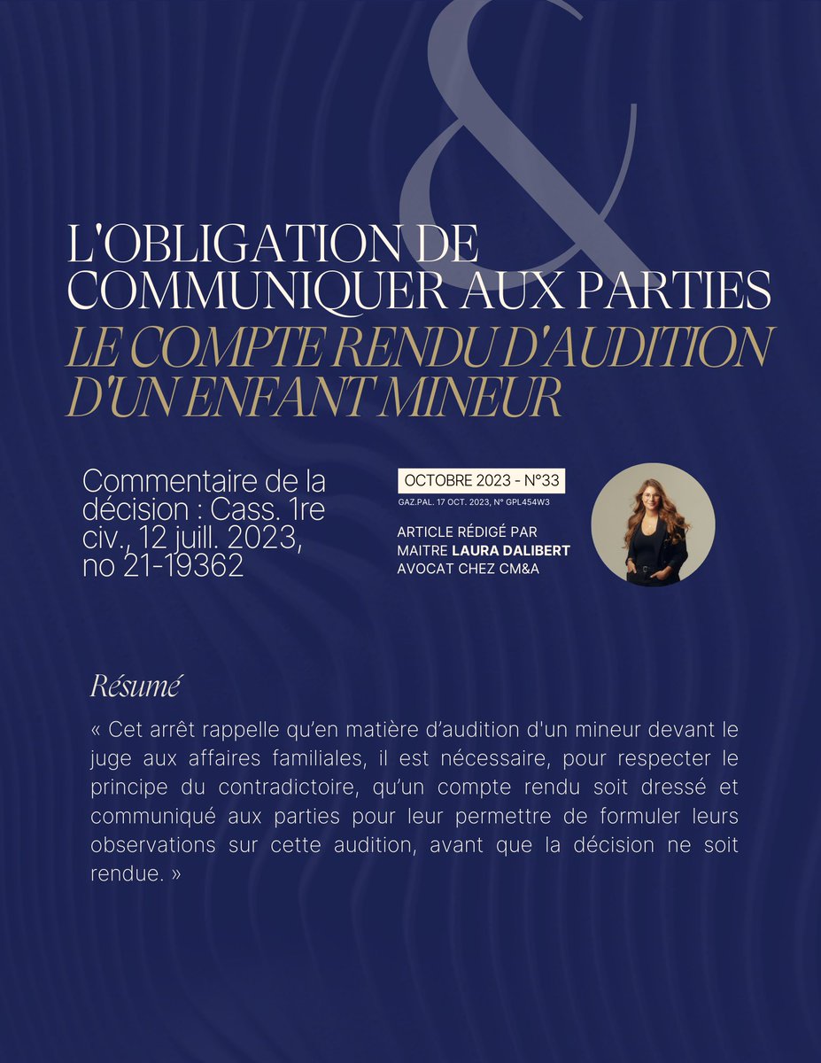 ➡️ L'obligation de communiquer aux parties le compte rendu d'#auditiondunmineur

✍️ Me Dalibert, Avocat du Cabinet @ChauveauMulonA, paru dans l'éd. N°33 - 10/2023 de la Gaz. du Pal., spécialisée en #droitdelafamille par @LextensoAvocat.
A lire ici 👉 labase-lextenso.fr/gazette-du-pal…

#JAF