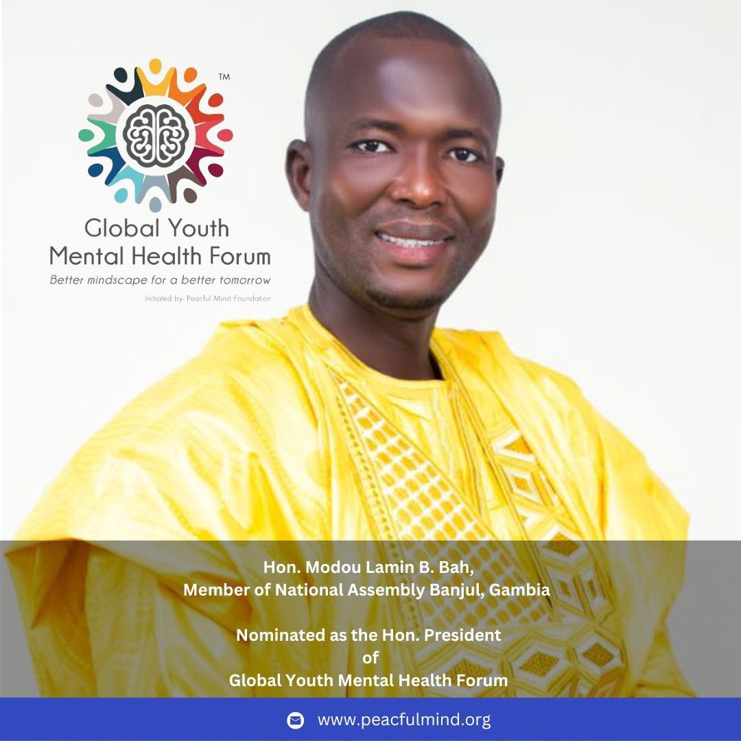Hon. Modou Lamin B. Bah (@modoulaminbbah2) on Twitter photo Ecstatic to share my nomination as President by the GlobalYouth Mental Health Forum through <a href="/PeacfulmindPMF/">Peacful Mind Foundation</a>. Mental health is the cornerstone of our existence,far beyond the absence of illness. 👍 <a href="/nabhit_kapur/">Dr.Nabhit Kapur- FAPH</a> & team
#IamGrateful👏
#TheFutureBeginsNow #MentalHealthAwareness4All Ecstatic to share my nomination as President by the GlobalYouth Mental Health Forum through <a href="/PeacfulmindPMF/">Peacful Mind Foundation</a>. Mental health is the cornerstone of our existence,far beyond the absence of illness. 👍 <a href="/nabhit_kapur/">Dr.Nabhit Kapur- FAPH</a> & team
#IamGrateful👏
#TheFutureBeginsNow #MentalHealthAwareness4All