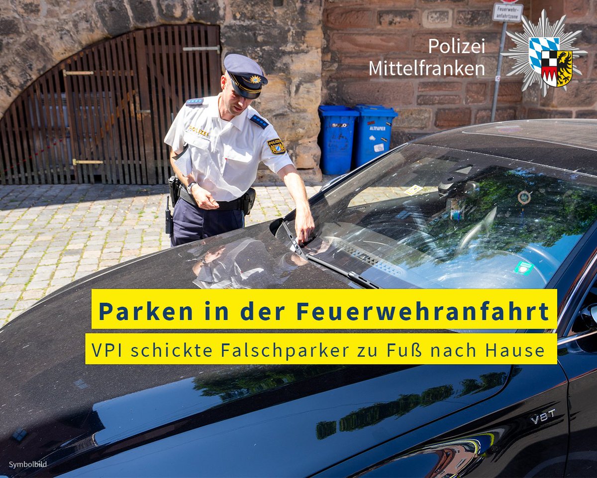 Das Parken in einer #Feuerwehranfahrt hat einem 29-Jährigen doppelten Ärger eingebracht. Der 29-Jährige hatte am Montag in der Innenstadt #Nürnberg falsch geparkt. Kollegen stellten fest, dass der Mann gar nicht hätte fahren dürfen. Pressemeldung: polizei.bayern.de/aktuelles/pres…
