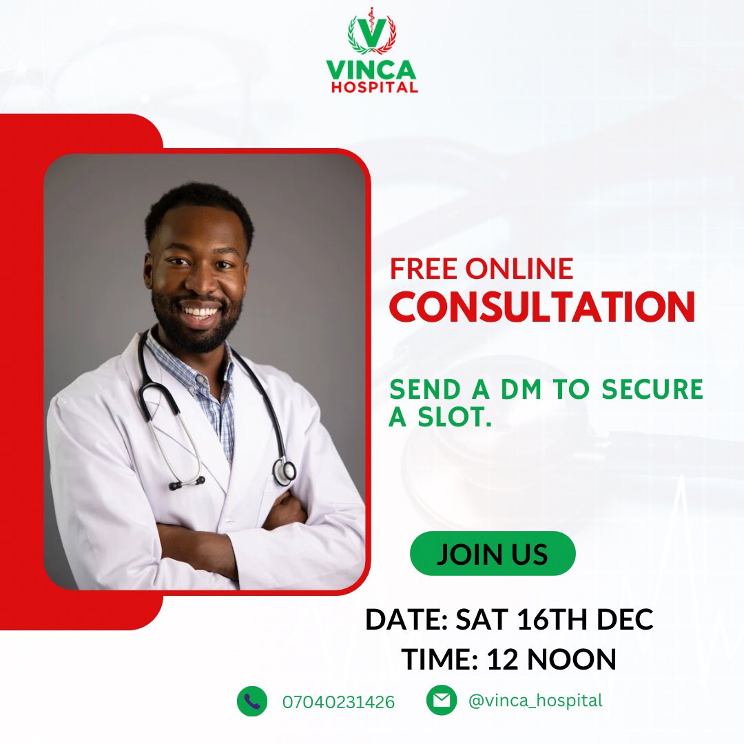 VincaHospital_'s tweet photo. Do you have any health concern or personal questions regarding your health but you’ve not been able to make it to the hospital? 

Here’s a chance to send a dm to secure a slot for our free online consultation with our experienced doctor this Saturday by 12 noon. https://t.co/0qKUsaQRFt
