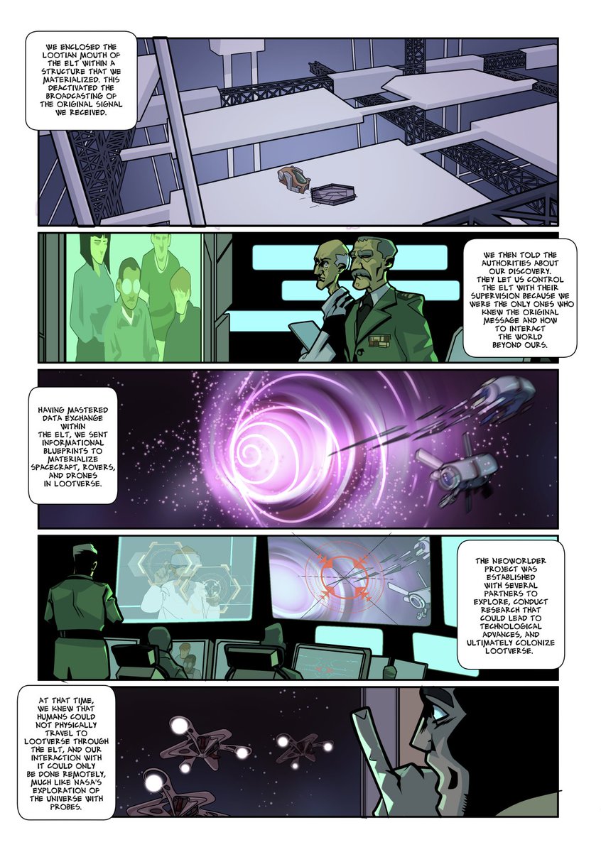 thelootverse's tweet photo. A snippet from our comic book, "Echoes of Evolution". This page details the events following the discovery of the Earth-to-Lootverse Tunnel (ELT). #ParallelWorldExploration #DiscoverArcadia https://t.co/tb3cxHolwK