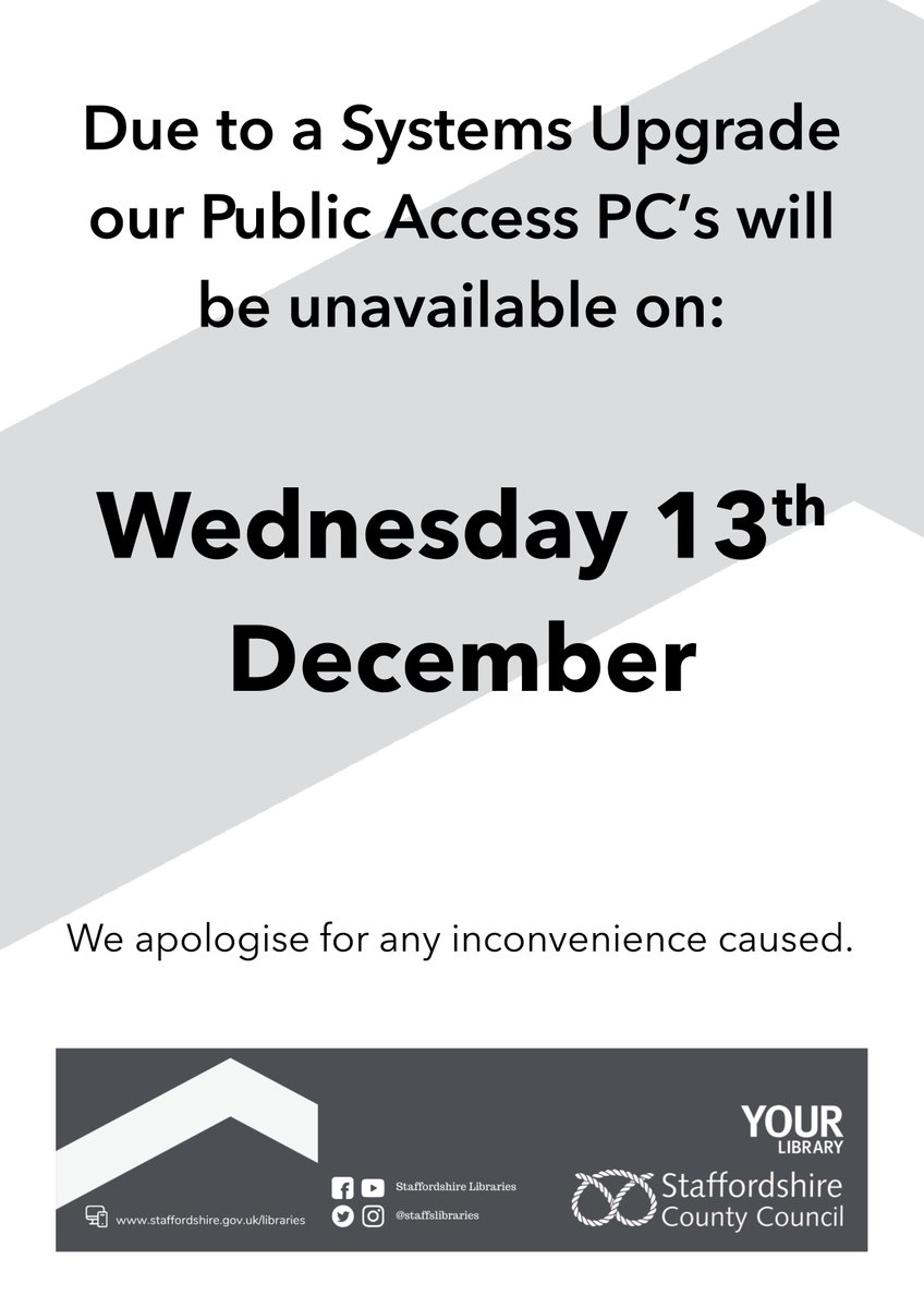 Just a quick note for anyone who is planning to visit Hednesford Library today - our public access PC's will be unavailable today due to scheduled maintenance. We apologise for any inconvenience this may cause.