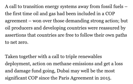 The resulting agreement from #COP28 is not perfect, but having been in this space 16+ years, I know enough to take any wins! Excerpt from @climate's @wenkennedy 👇