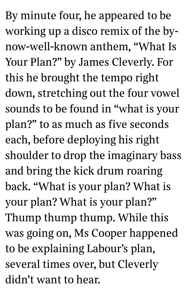 The main news, on Westminster’s most recent historic day, is that it turns out you really haven’t lived until you’ve witnessed James Cleverly say the words ‘what is your plan?’ on loop for twelve full minutes. Sketch here… thetimes.co.uk/article/38f0d4…