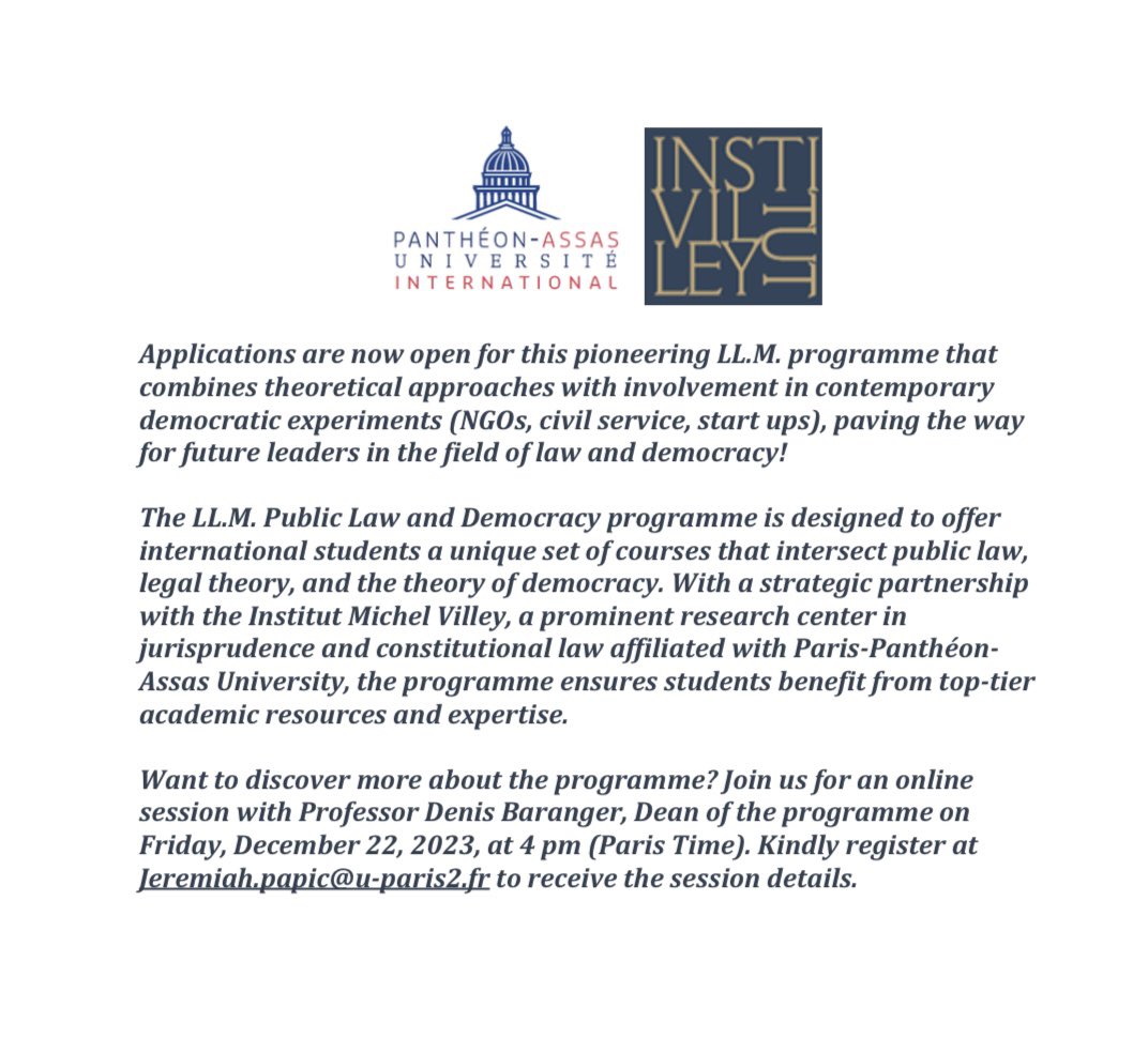 #AssasInternationalParis #AssasUniv #PublicLawDemocracy #AssasInternational #Paris #France #PublicLaw #Democracy #ApplicationsOpen
